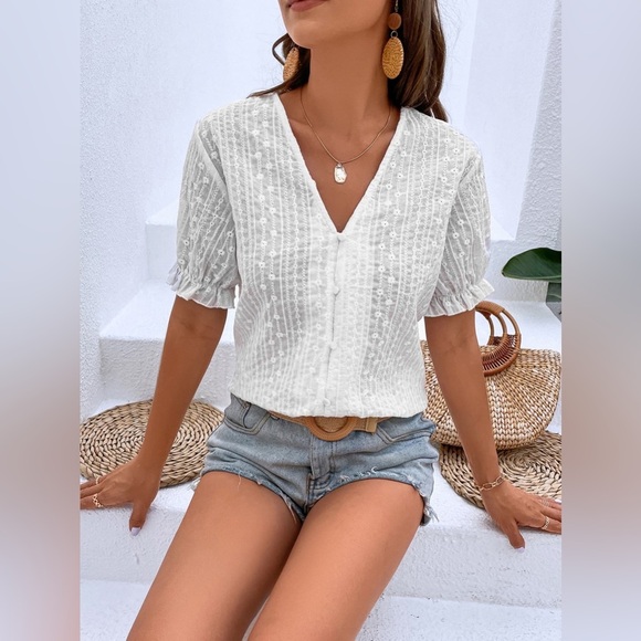 Honey Buttoned V-Neck Flounce Sleeve Top - Picture 6 of 6